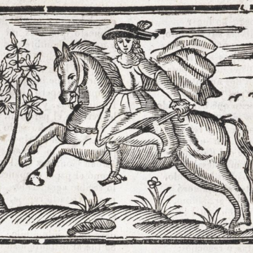 Sebastiana del castillo image Sebastiana del Castilla, woodcut, black and white image of rider on horse carrying sword
